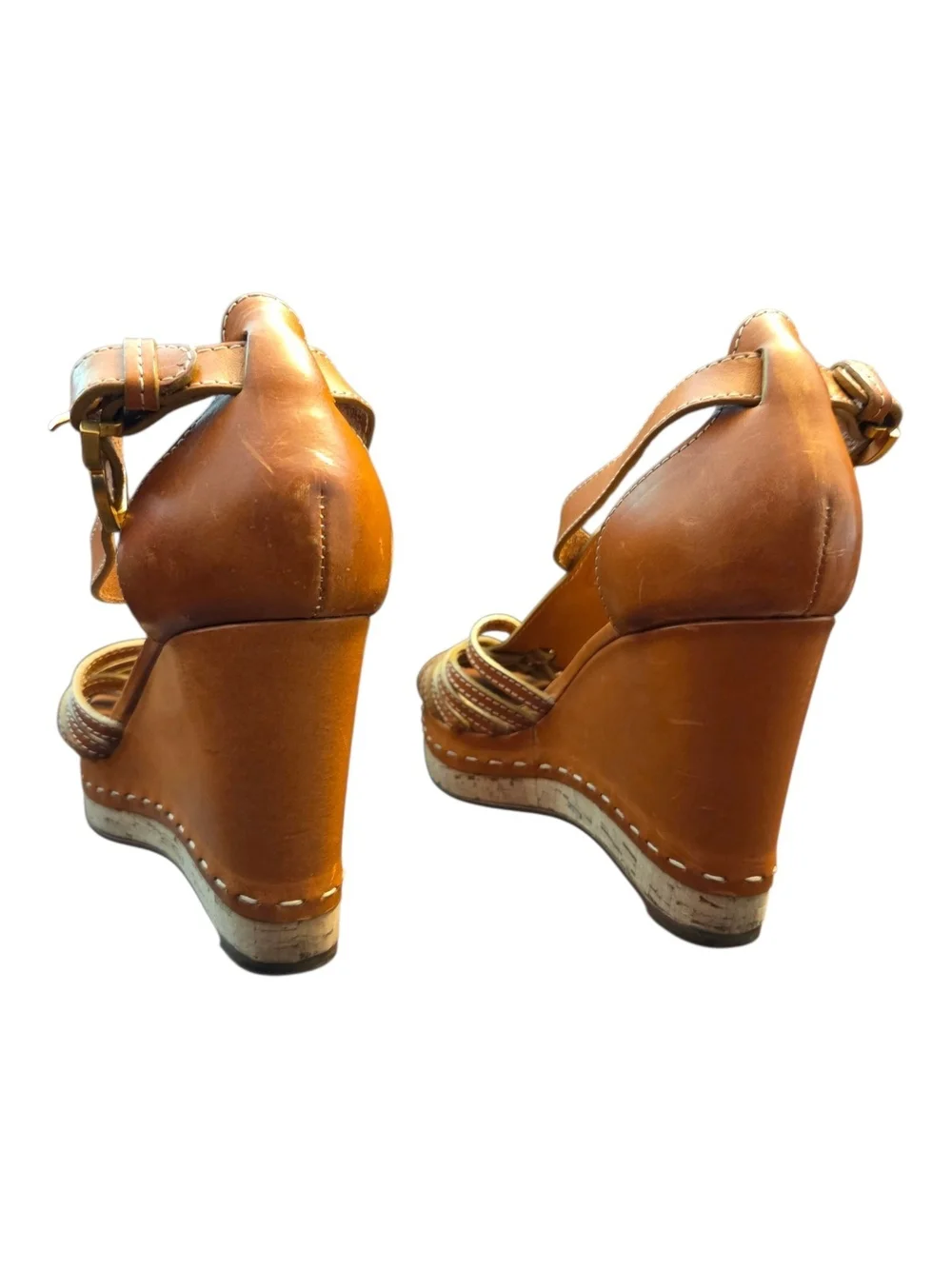 Chloe Tan Tucson T-Strap Woven Leather Cork Wedge Sandals - Size 38 (USA 7.5)